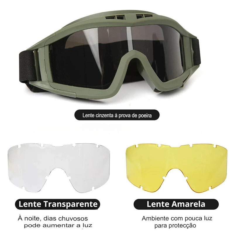 Óculos Táticos com Lentes Substituíveis – Óculos de Proteção para Montanhismo, Airsoft e Motocross